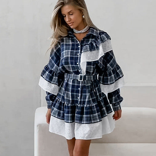 Dame Minikjole med ternet mønster og voluminøse ærmer Stilla