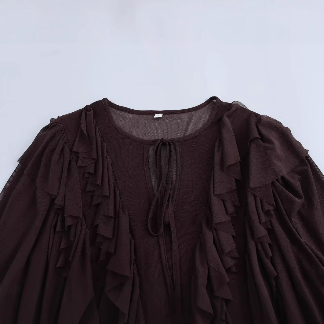 Dame Rynket bluse med brede ærmer og elegant snøring Stilla