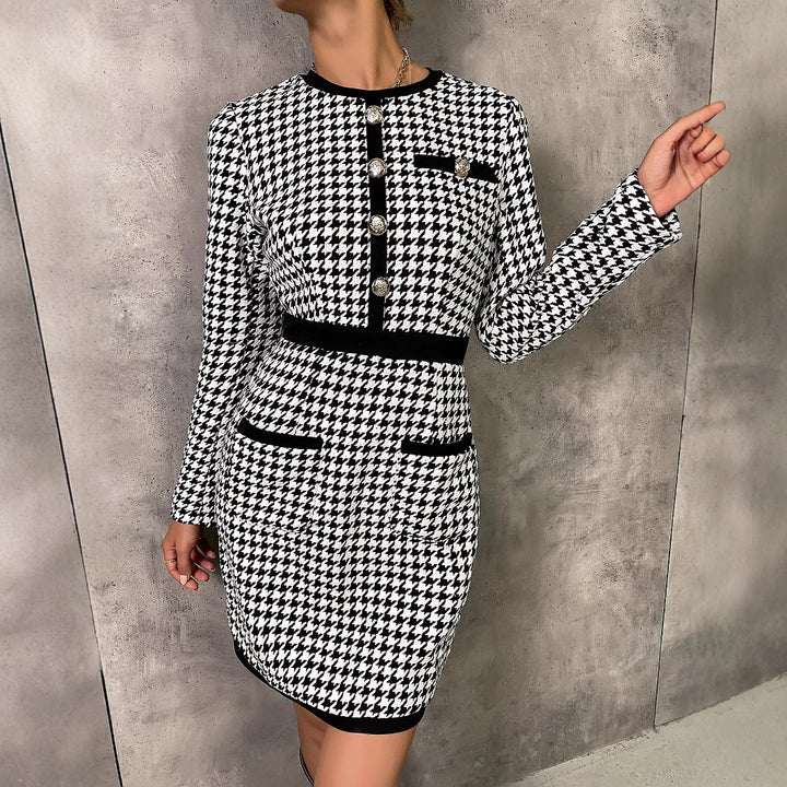 Dame elegant kjole i klassisk houndstooth mønster med knapdetaljer og lommer Stilla