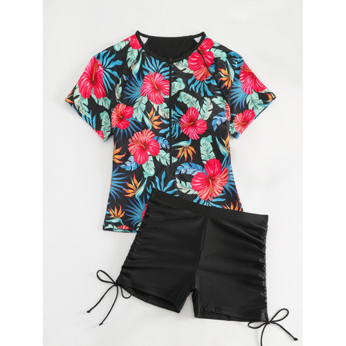 Dame Surf-badehnit-sæt med blomsteret kortærmet overdel og komfortable shorts Skovae