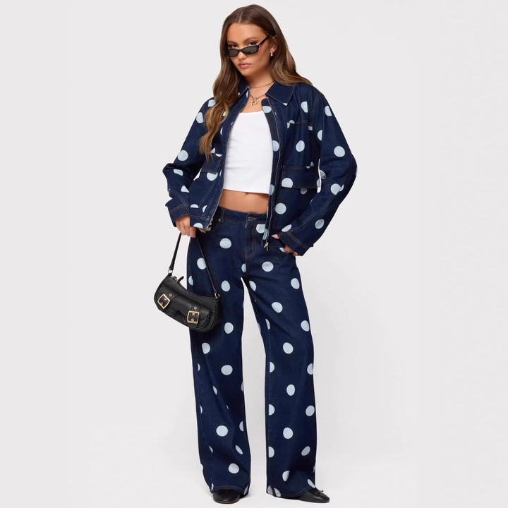 Dame Polka-Dot Denim-Sæt med afslappet snit og trendy detaljer Skovae