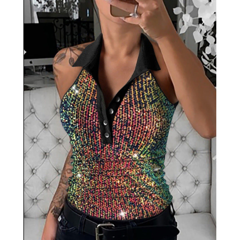 Dame Elegant Paillet-Leopardmønster Polo Top Stilla