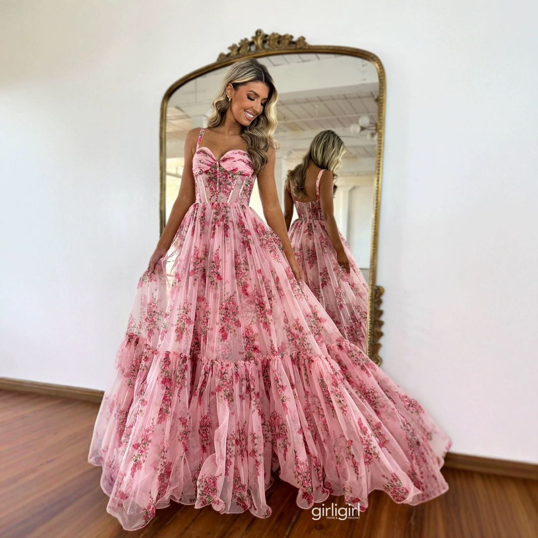 Dame Elegant Maxi Kjole med Blomster Flæse Detaljer og Skræddersyet Silhuet