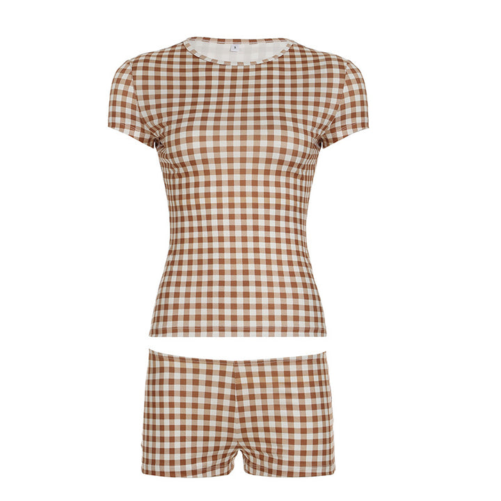Dame kortærmet top og shorts sæt i ternet design Skovae