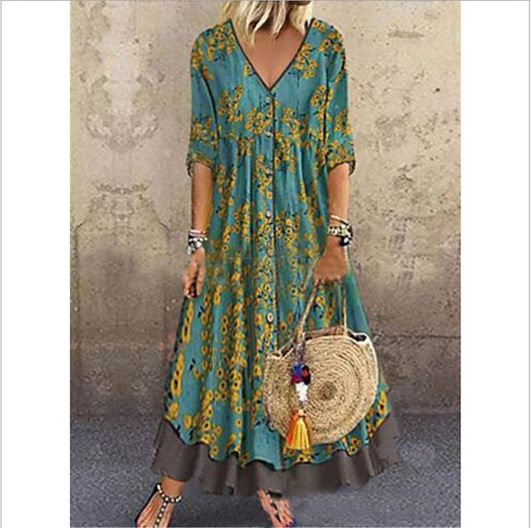 Dame Bohemian Floral Maxi Kjole med V-udskæring og Knapdetaljer Stilla