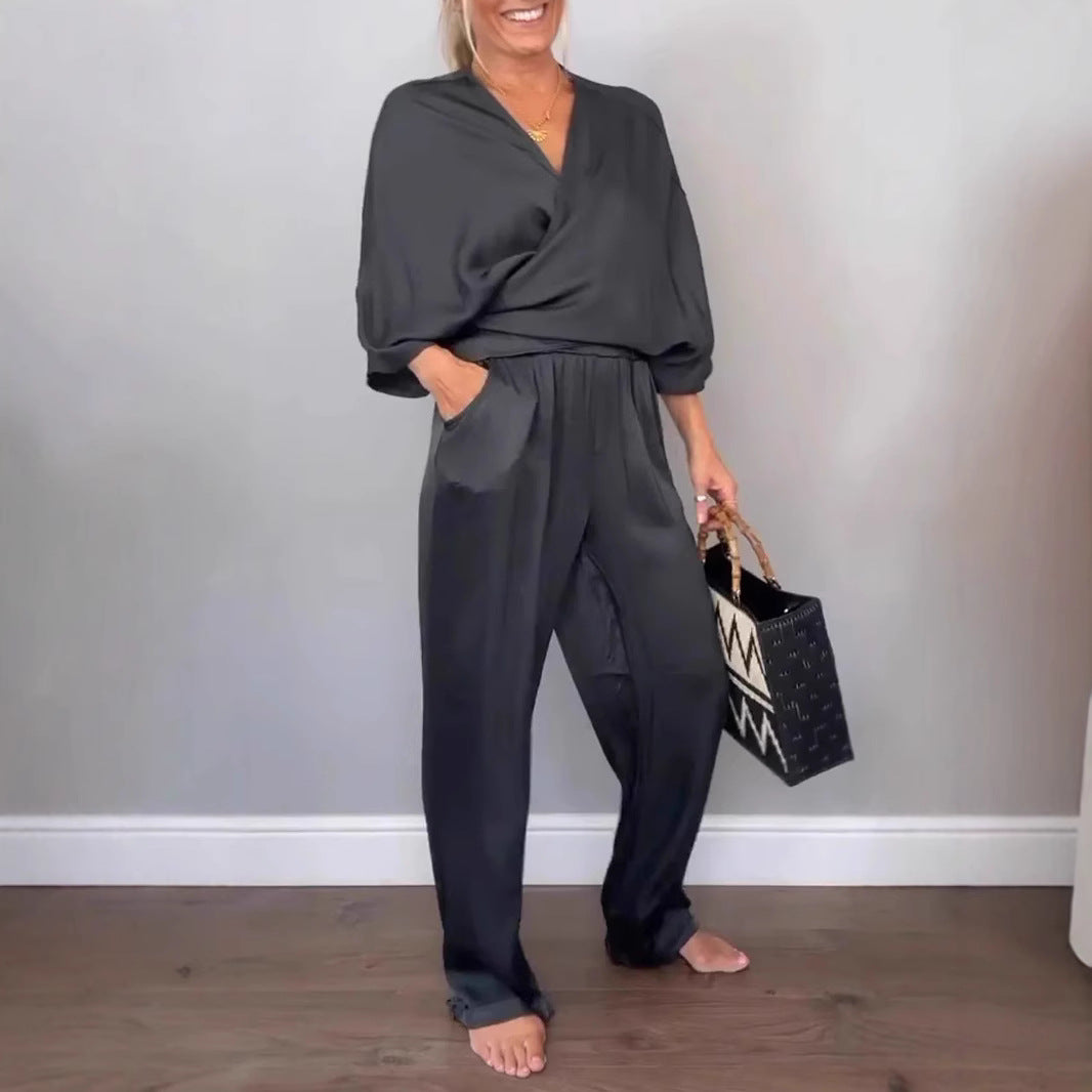 Dame Elegant sæt af flydende materiale med omslagsoverdel og bred bukse stil Stilla