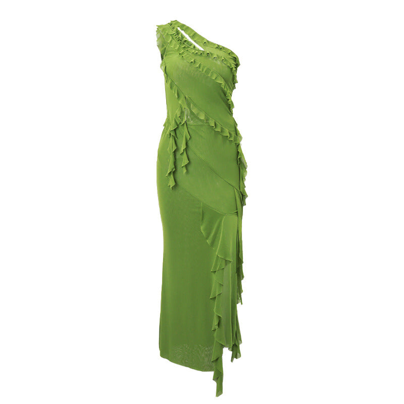 Dame højhalset maxikjole med asymmetrisk flæsedesign og elegant drapering Skovae
