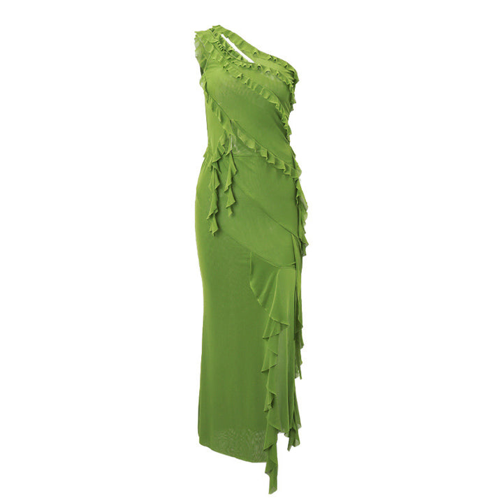 Dame højhalset maxikjole med asymmetrisk flæsedesign og elegant drapering Skovae