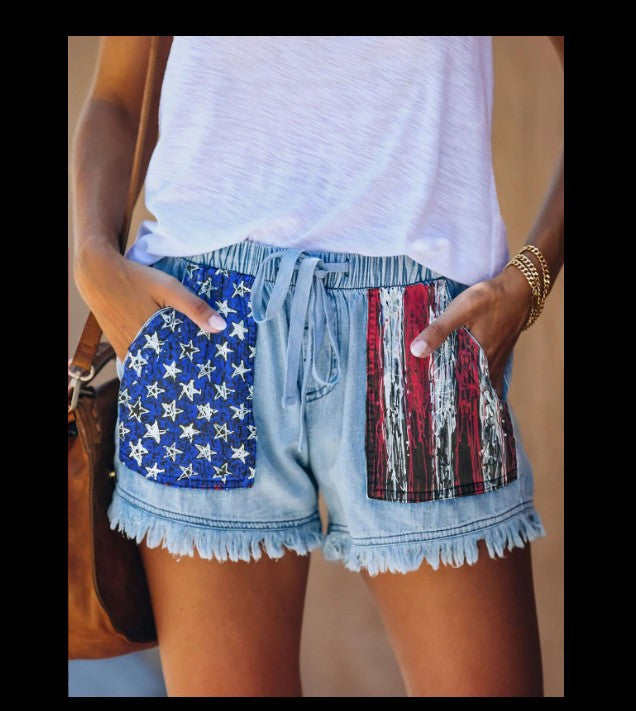 Dame Denim-shorts med patriotiske lommer og afslappet kant Stilla