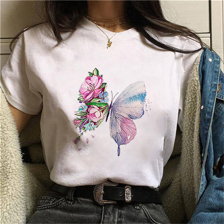 Dame V-hals T-shirt med blomster sommerfugletryk Skovae