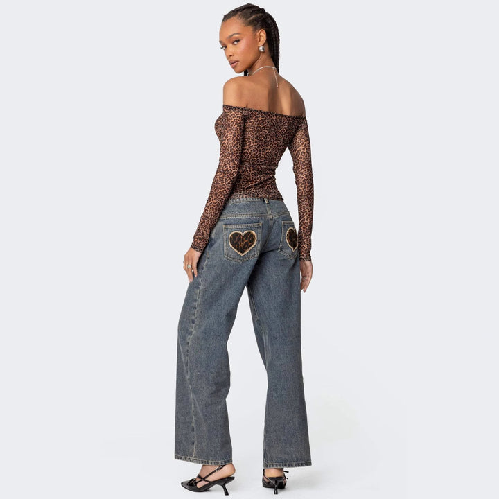 Damer Off-Shoulder Langærmet skjorte med leopardmønster Skovae