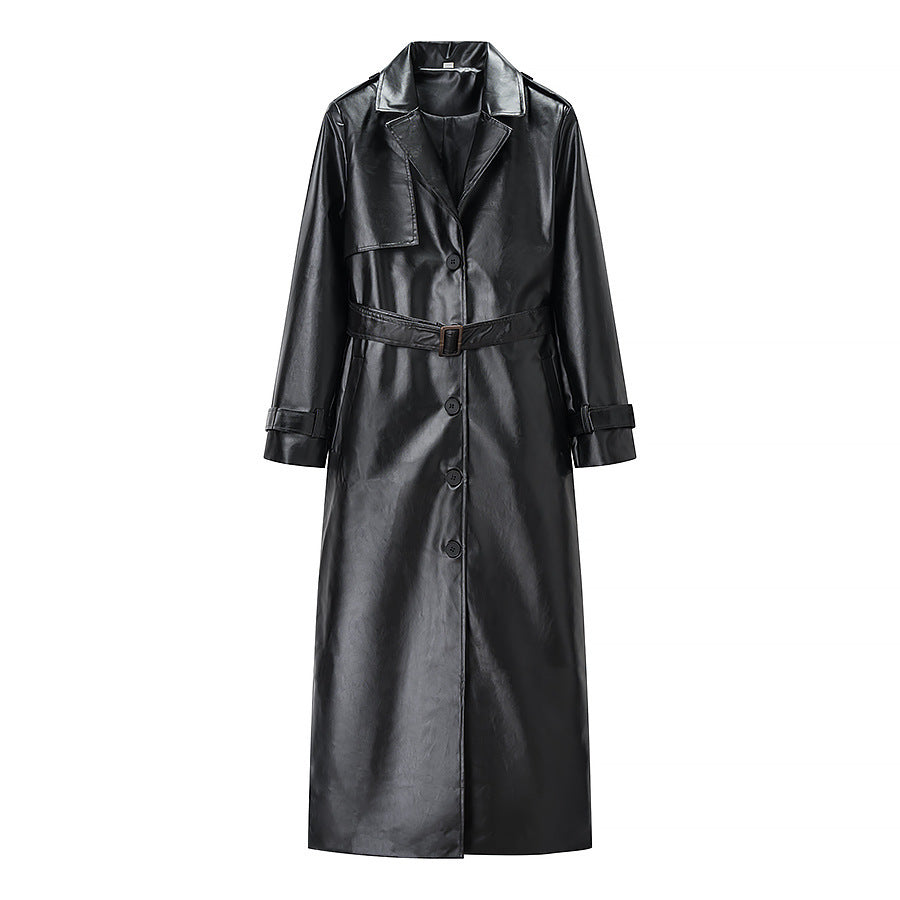 Damer Elegant Faux Læder Trench Coat med Stilfuld Bælte og Praktiske Lommer Stilla