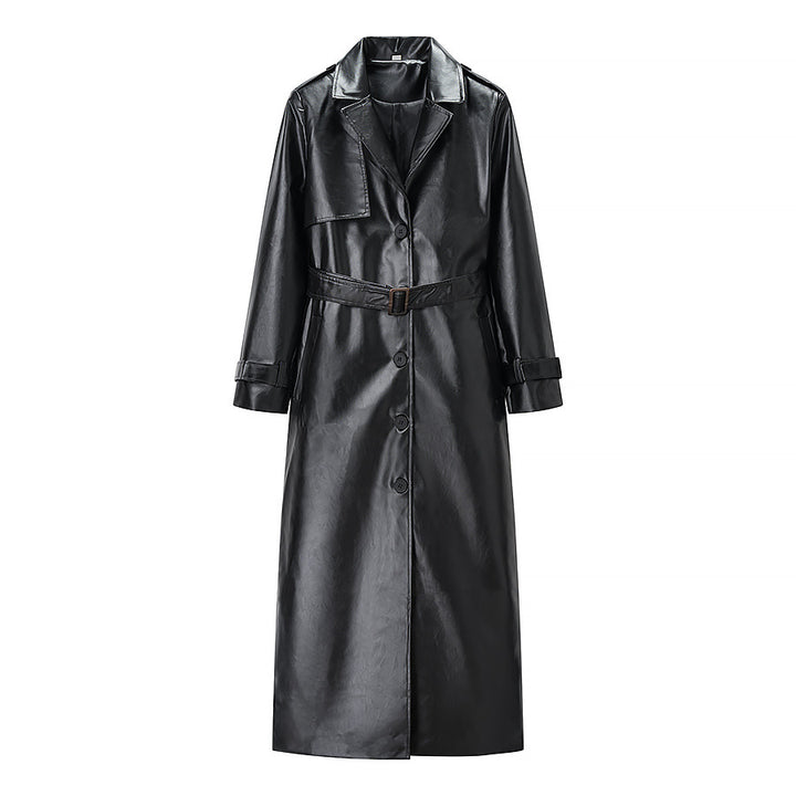 Damer Elegant Faux Læder Trench Coat med Stilfuld Bælte og Praktiske Lommer Stilla