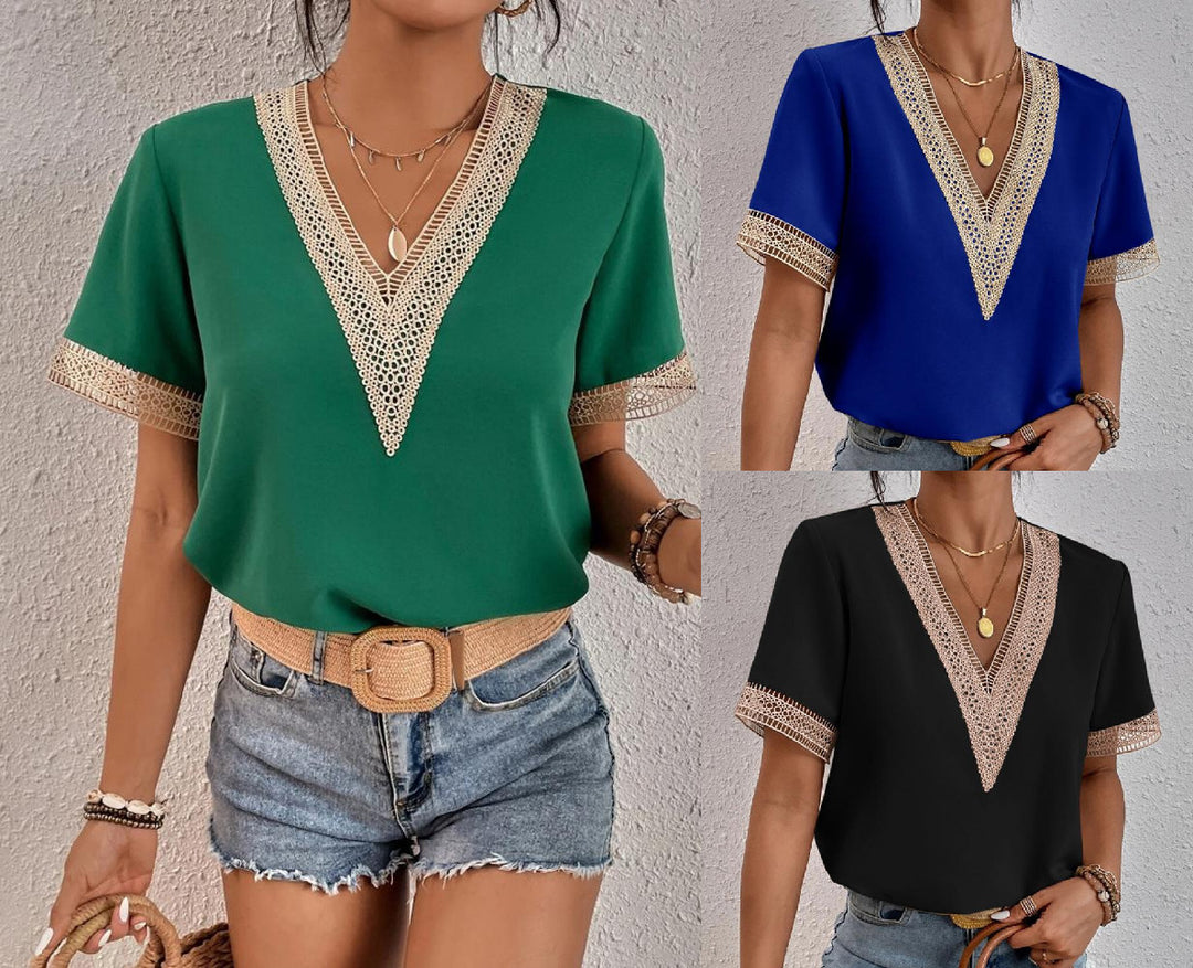 Dame elegant spids dekoreret V-hals bluse Stilla
