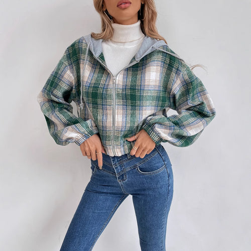 Kvinders cropped flannel jakke med hætte og moderne ternet mønster Stilla