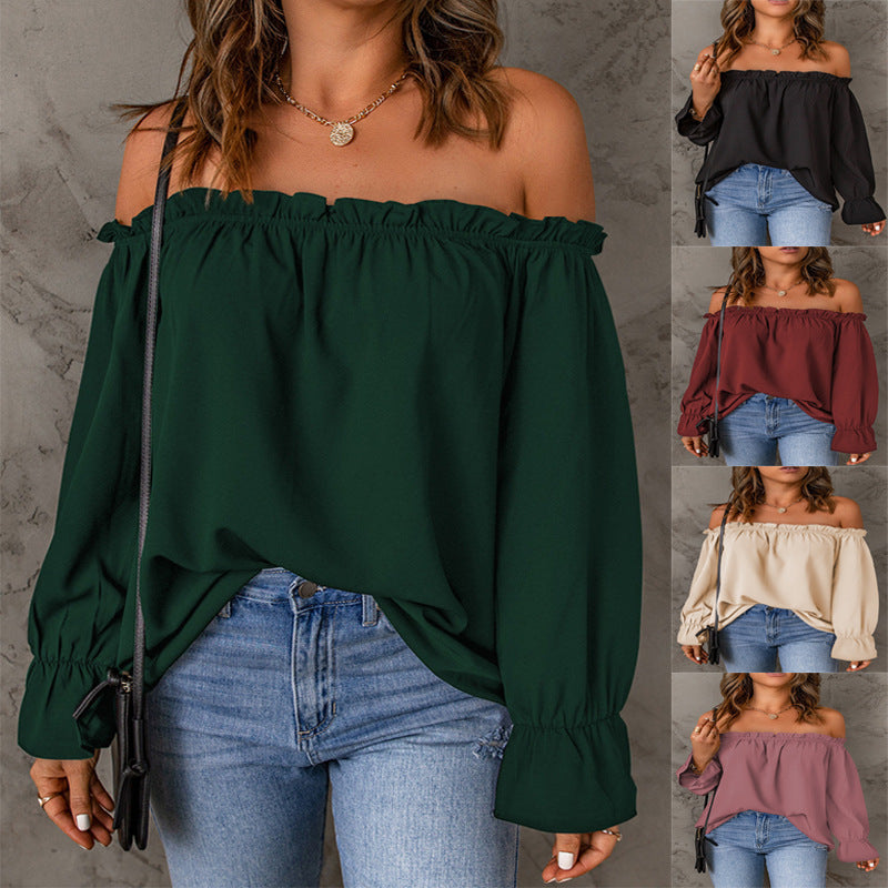 Dame Off-Shoulder Bluse med Ruffles detaljer og lange ærmer Skovae