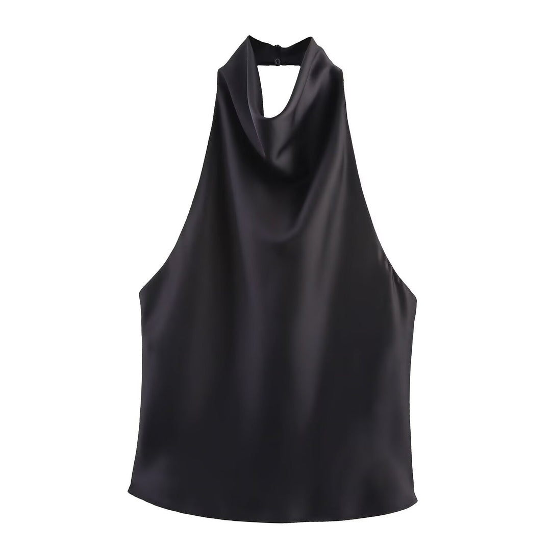 Dame elegant halterneck top med flydende snit og dekorative detaljer Skovae