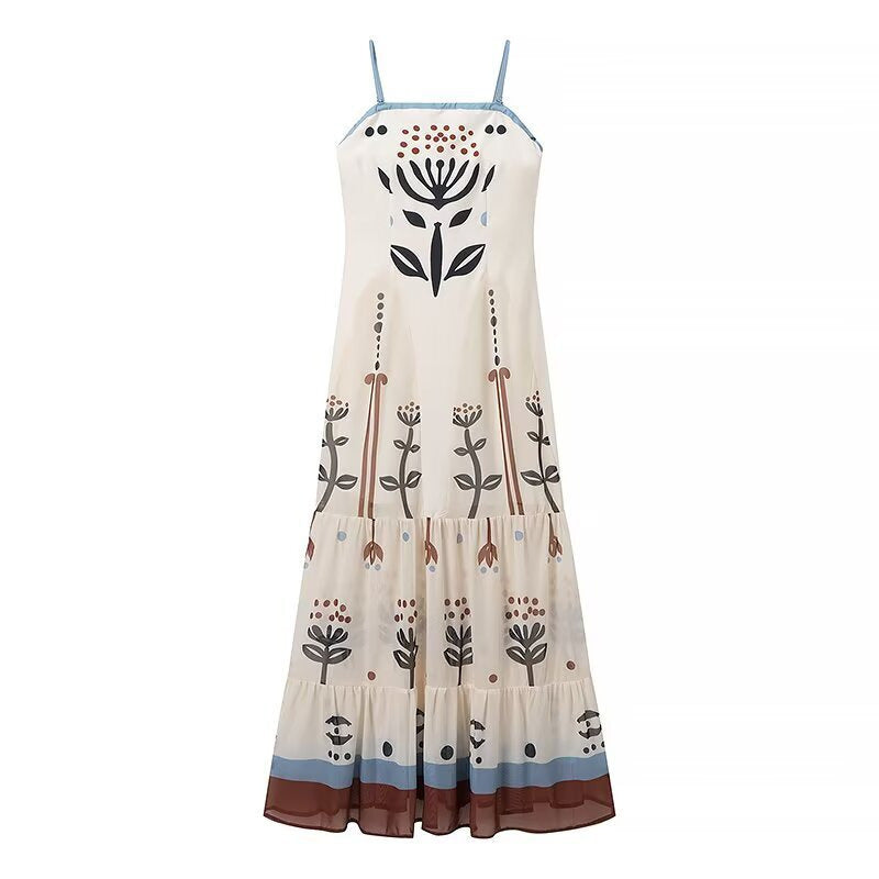 Dame Maxi Kjole med blomstertryksdesign og legende flæse stil