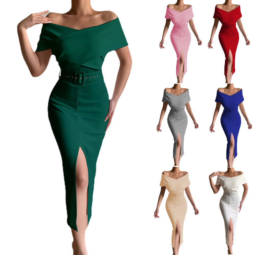 Dame Off-Shoulder Bodycon Midi Kjole med Bælte Stilla