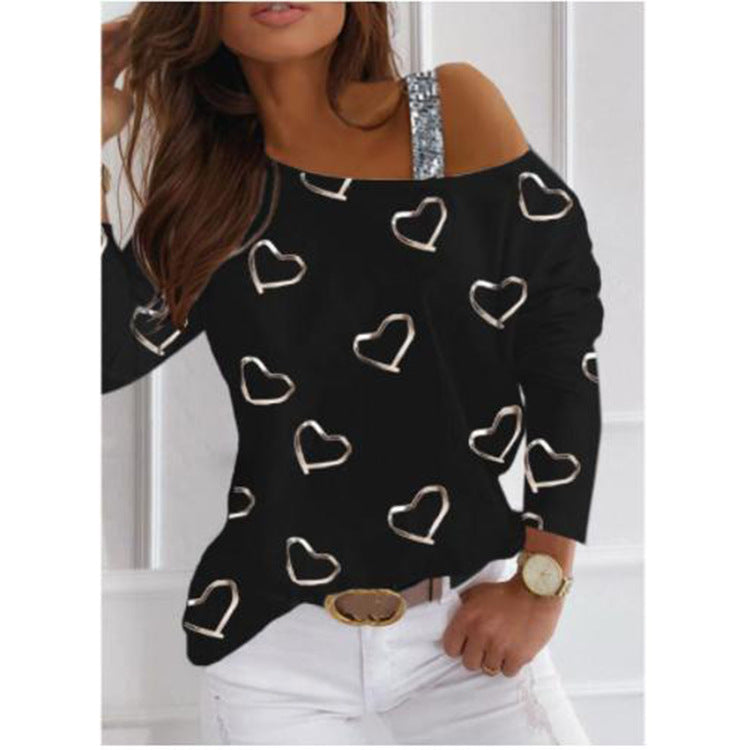 Kvindernes fashionable sweatshirt med hjerteformet design og funklende accenter Skovae