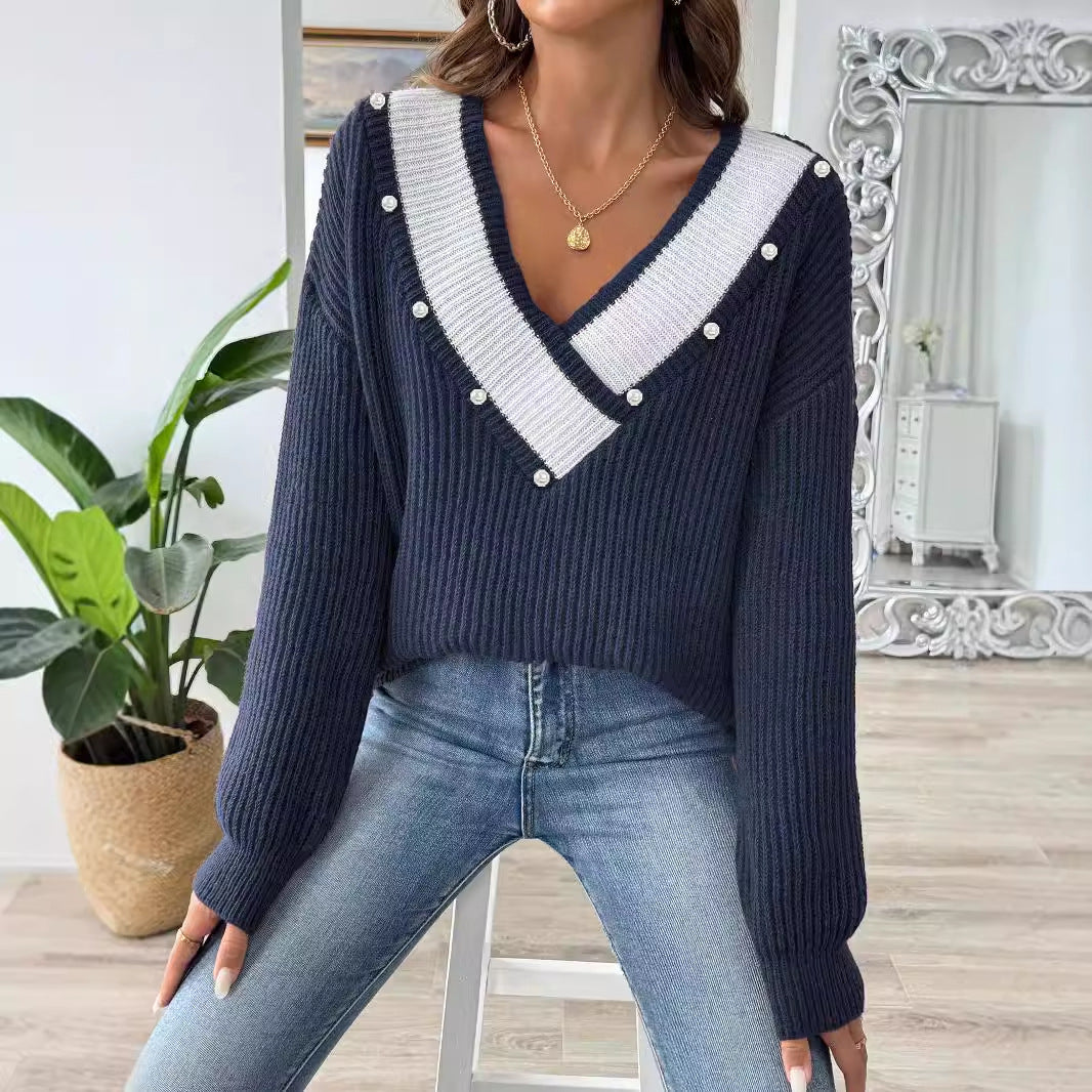 Dame elegant strikpullover med moderne V-udskæring og perleudsmykning Stilla