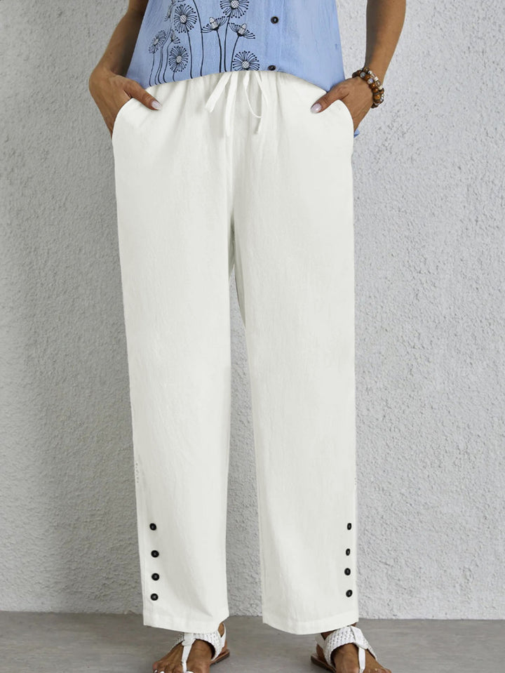Dame Relaxed Fit Elastisk Taljebukser med Knapdetaljer Stilla