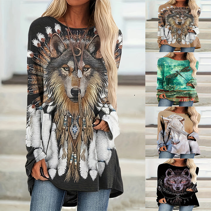 Dame Oversized Sweatshirt med grafisk ulvedesign Stilla