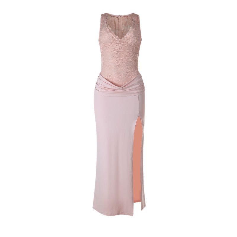 Dame Elegant Maxikjole med transparent spidstop og raffineret slids Skovae