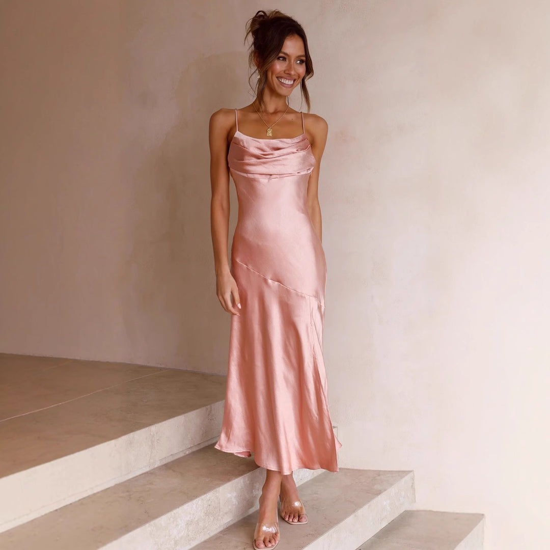 Women's Satin Maxi Dress with Elegant Split and Adjustable Straps Skovae