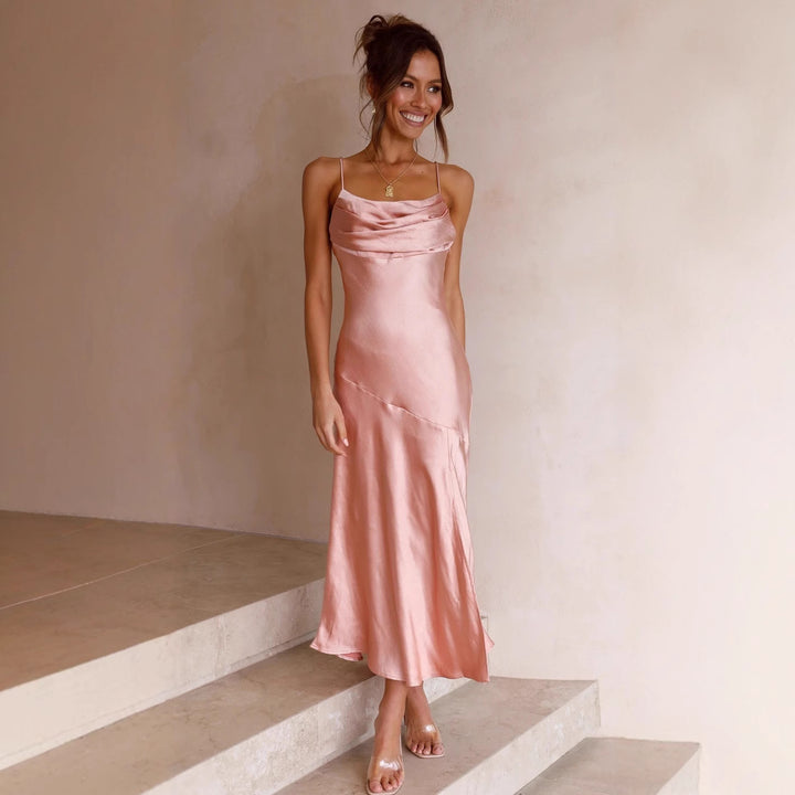 Women's Satin Maxi Dress with Elegant Split and Adjustable Straps Skovae