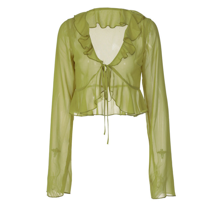 Dame elegant bluse med flæser og skærm detaljer Stilla