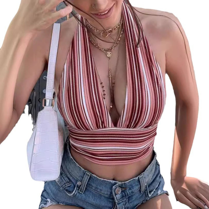Dame dybt udskåret crop-top med stribemønster og elastisk kant Stilla
