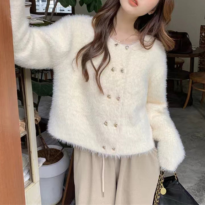 Femme Fluffy Textureret Knaplukning Pullover Stilla