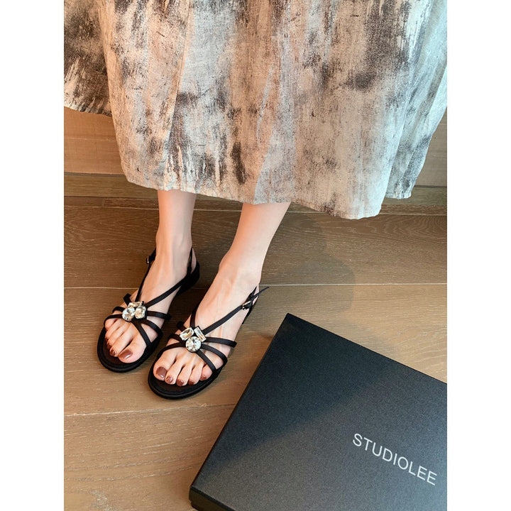 Dame Riemchen Flade Slide Sandaler med dekorative Juwel Accenter Stilla