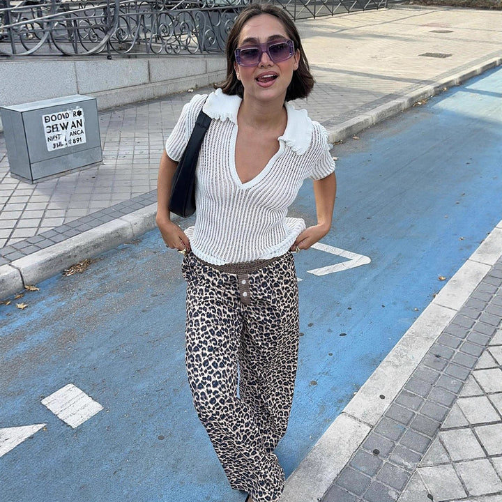 Dame casual Palazzo-bukser med leopardmønster og elastisk talje Skovae