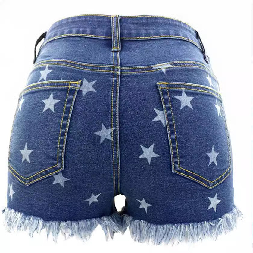 Dame Mode Denim-Shorts med stjernedesign og frynsede kanter Stilla