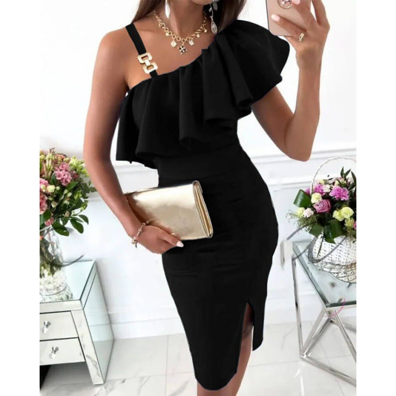 Femme Elegante Rynke En-Skulder Kjole Stilla