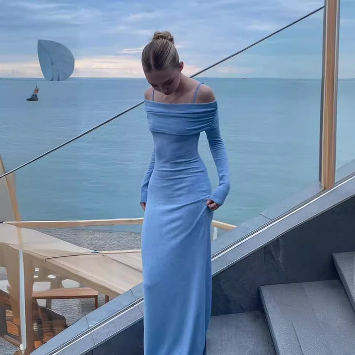 Kvinders elegante maxikjole med off-shoulder design og tætsiddende pasform
