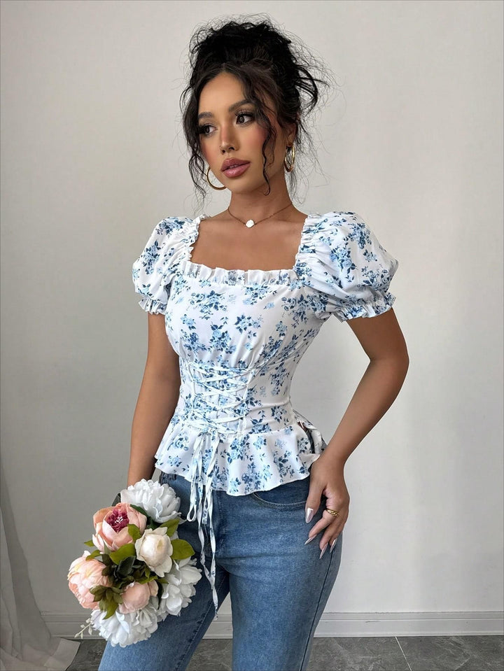 Dame Rynketop med blomstermønster og taljejustering Stilla