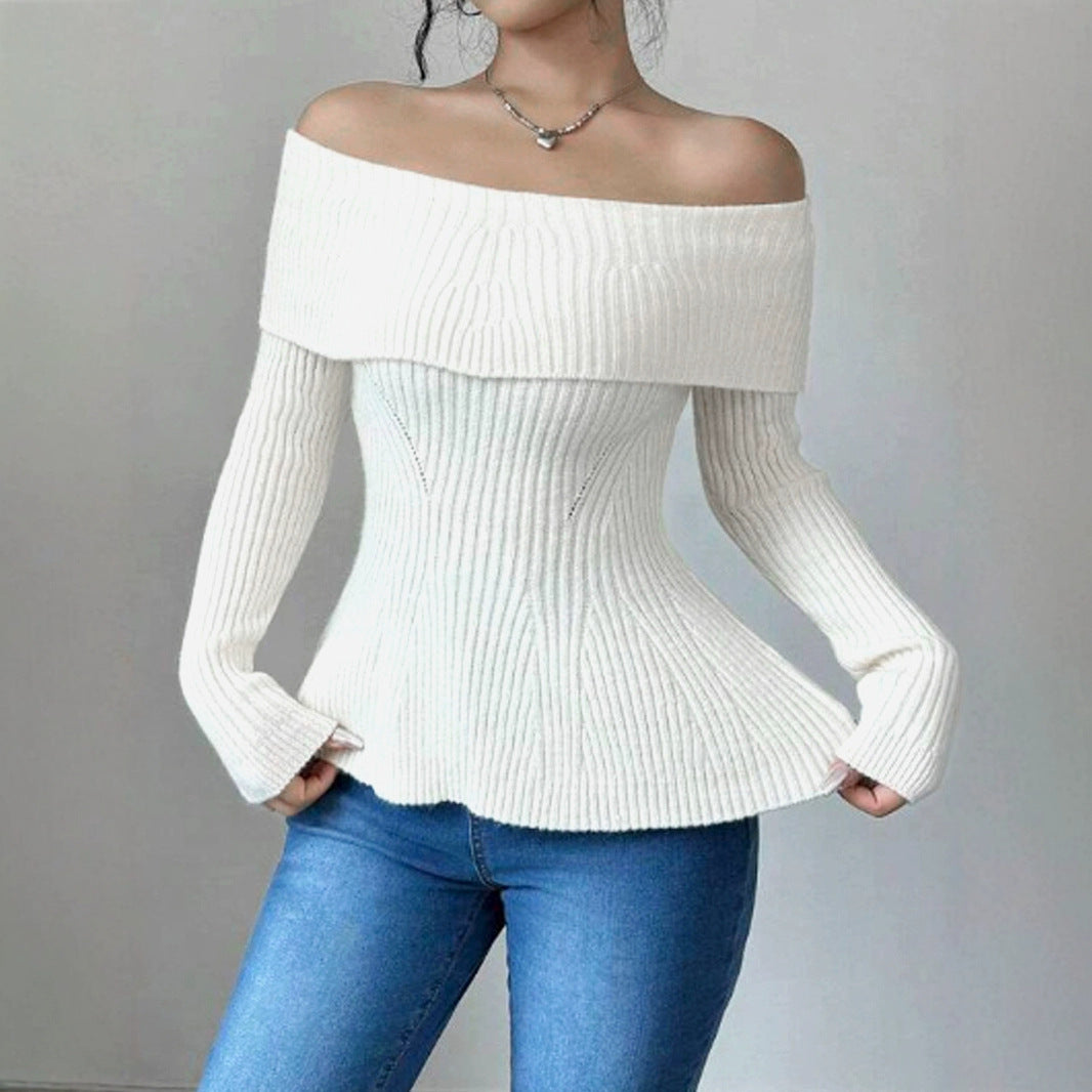 Dame Off-Shoulder Strikpullover med dekorative Ribstrukturer Stilla