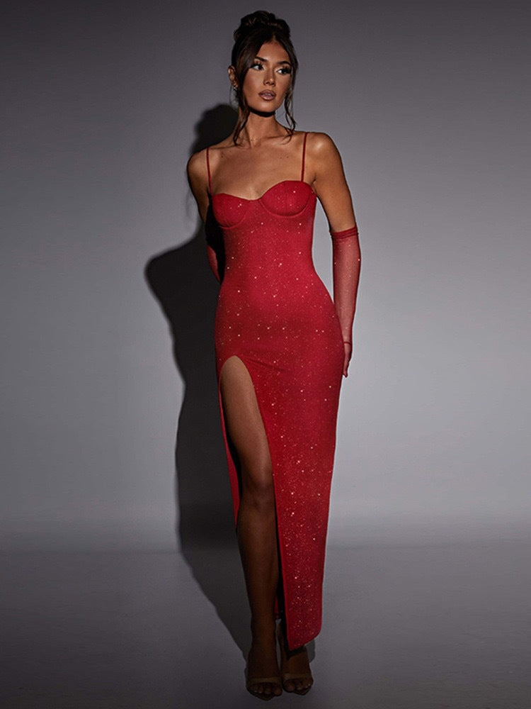 Damer Glitrende Maxikjole med dyb slids og elegant bustier-overdel Skovae
