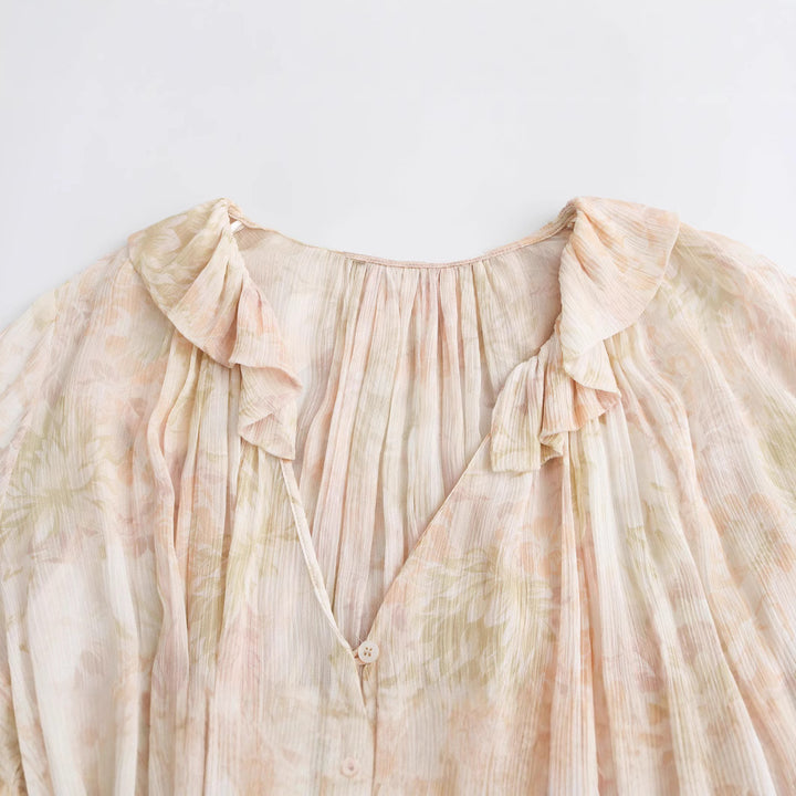 Femme Rynke Chiffon Bluse med justerbare båndærmer Stilla