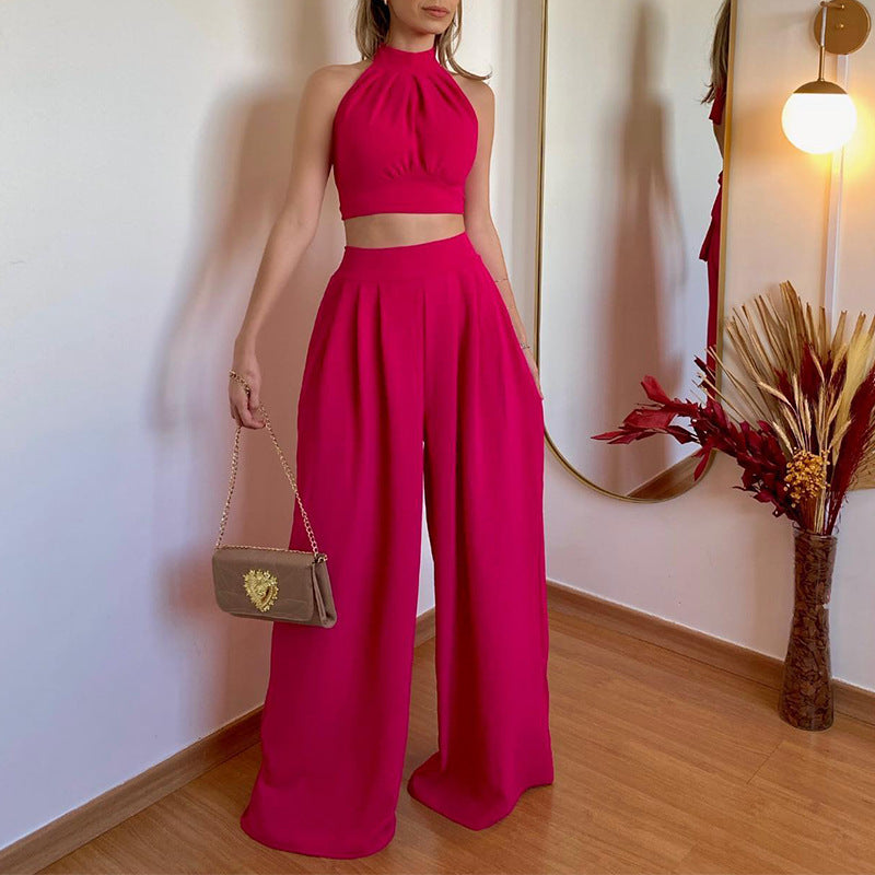 Dame Halterneck Crop Top og brede Bukser Sæt Stilla
