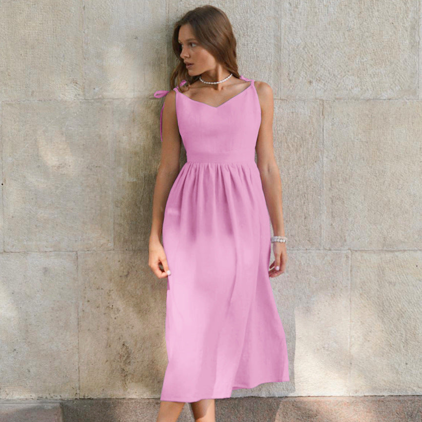 Dame Maxikjole i høj kvalitet linen med elegante stropper og svingende kant Stilla
