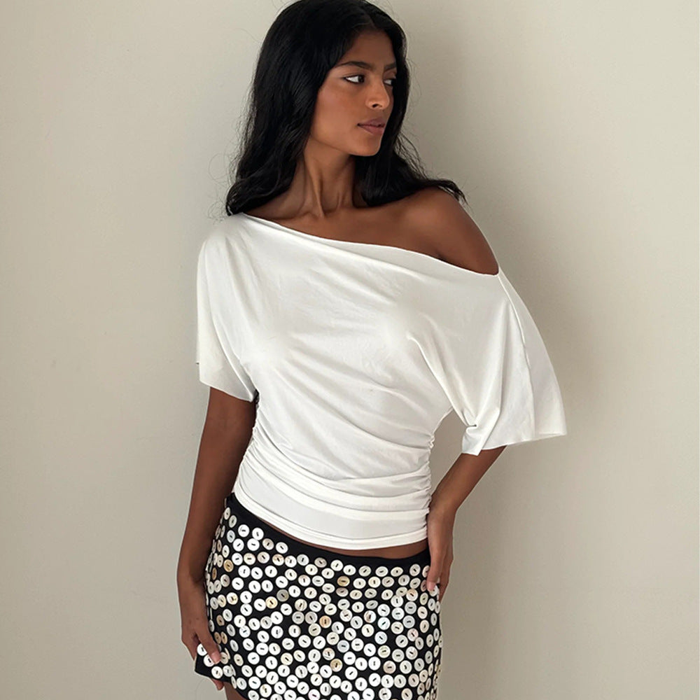 Dame Off-Shoulder Top med moderne rynkning Skovae