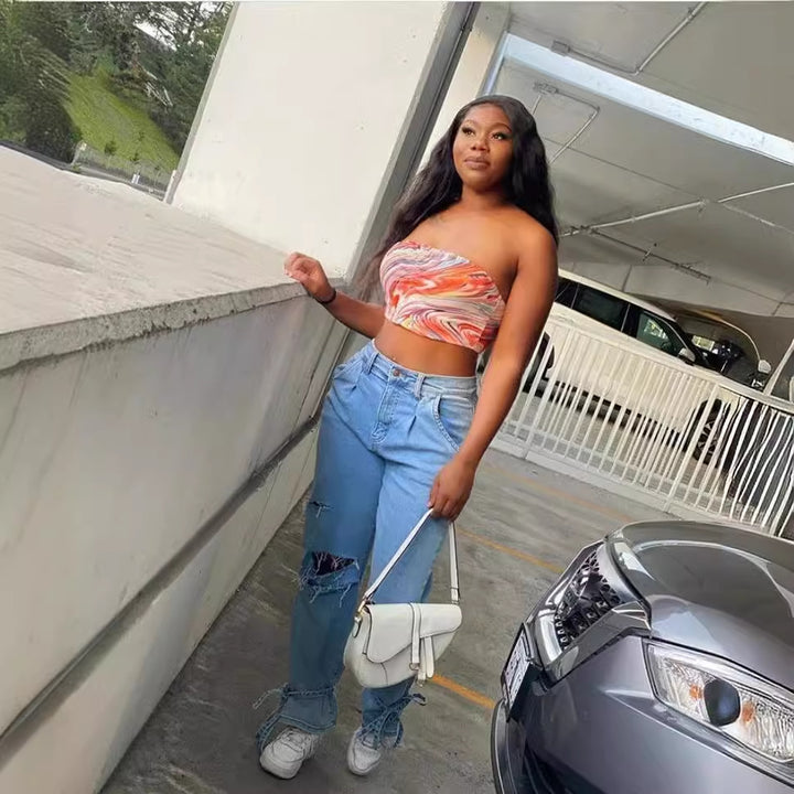 Casual dames mom jeans med trendy beskadiget udseende Skovae