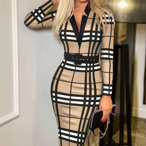 Stilla | Rude-print V-udskæring Bodycon Langærmetkjole