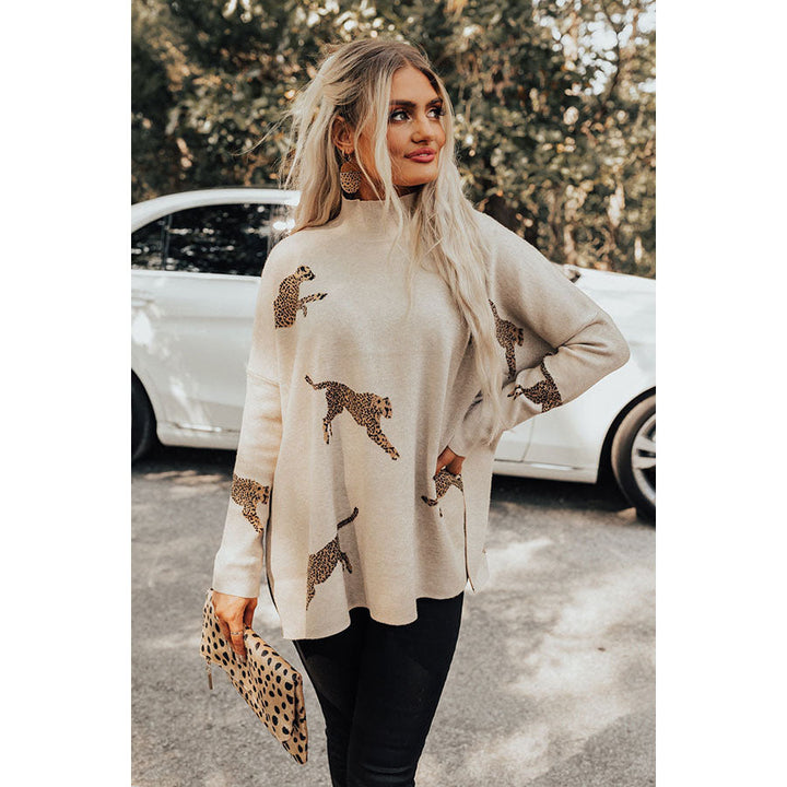 Dame leger pullover med leopardmønster og høj krave Stiila