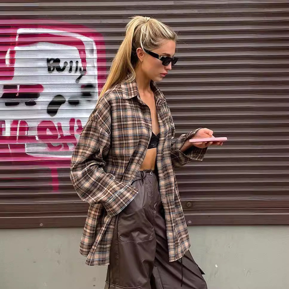 Femme Casual Oversized Ternet Flannel Skjorte Stilla