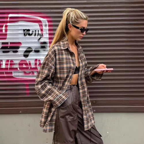 Femme Casual Oversized Ternet Flannel Skjorte Stilla